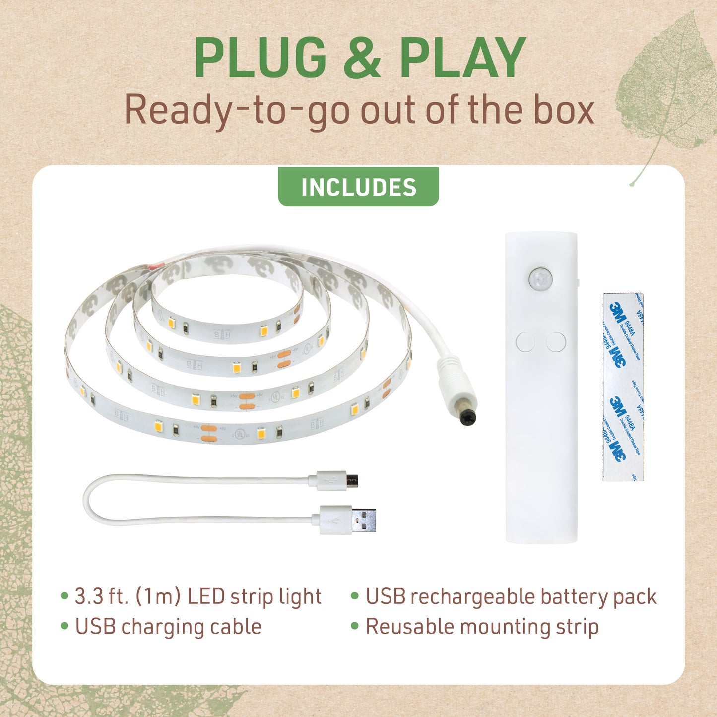 Motion Sensor LED Strip Light Kit Warm White