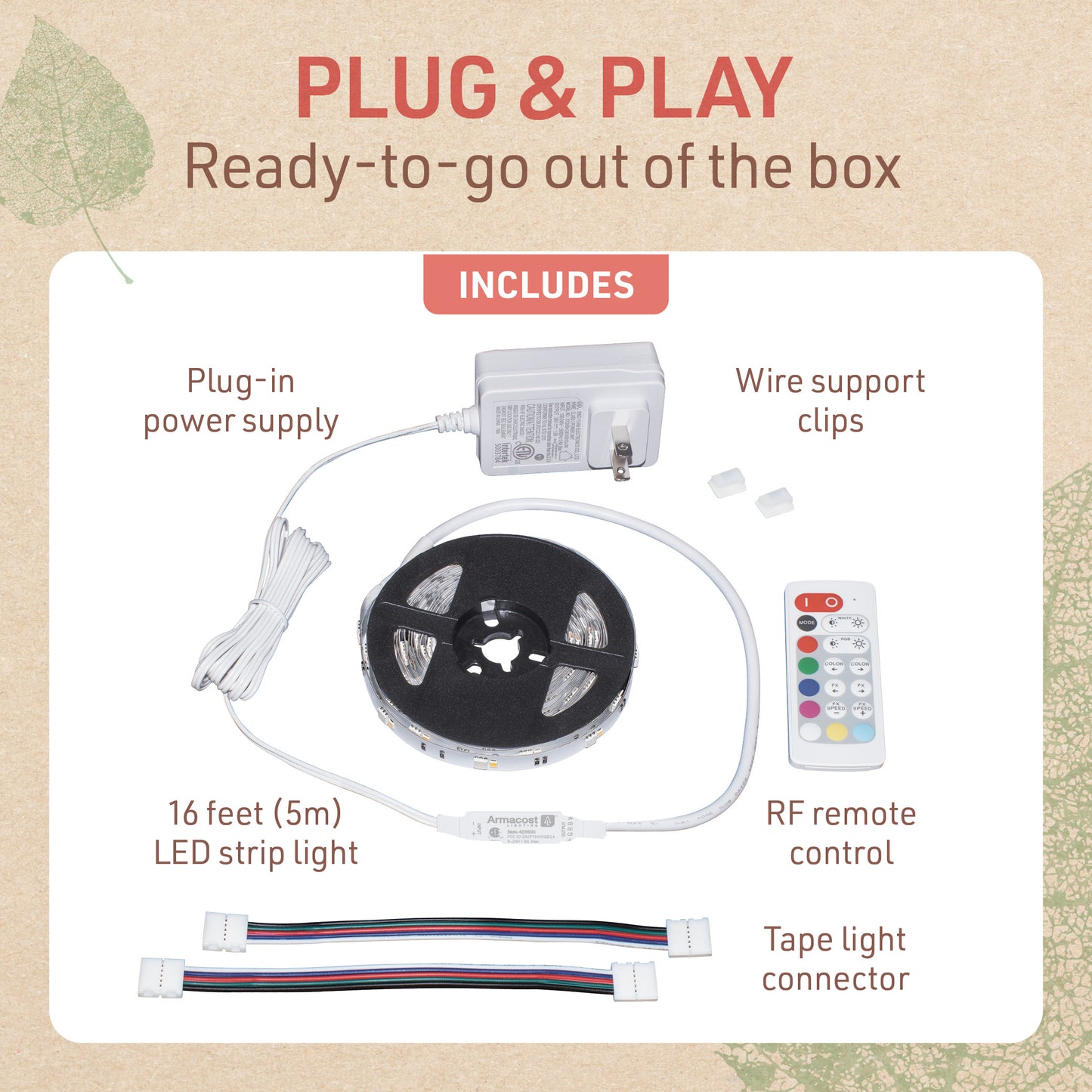 Multicolor RGBW Smart LED Strip Light Kit, 16ft with Remote